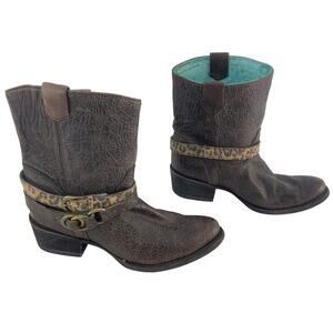 Corral Brown Leather Cheetah Print Strap Biker Boots Women's Size 8.5 Preowned